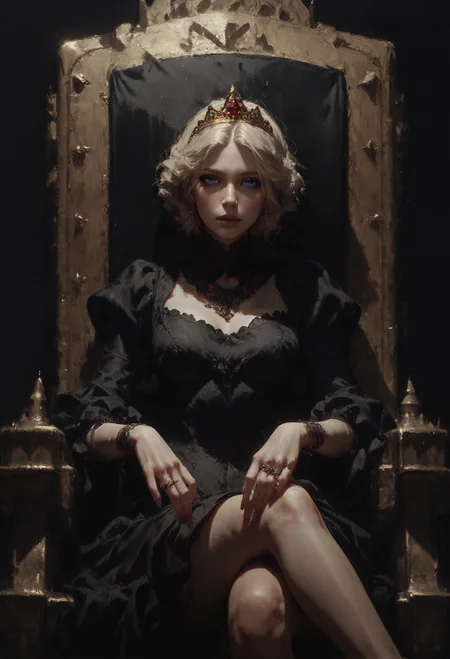 score_9, score_8_up, score_7_up,  queen, blonde hair, portrait, short hair, sitting on a golden throne, red royal dress, castle room, ornate dress, intricate fabrics, white fur, throne room, golden tiara, dark theme, majestic, fantasy, (magic moonlight, star sky:1.2), side view  <lora:pony/twilight_style:0.8> <lora:pony/expressiveh:0.8> expressiveh <lora:sdxl/sinfully_stylish_sdxl>