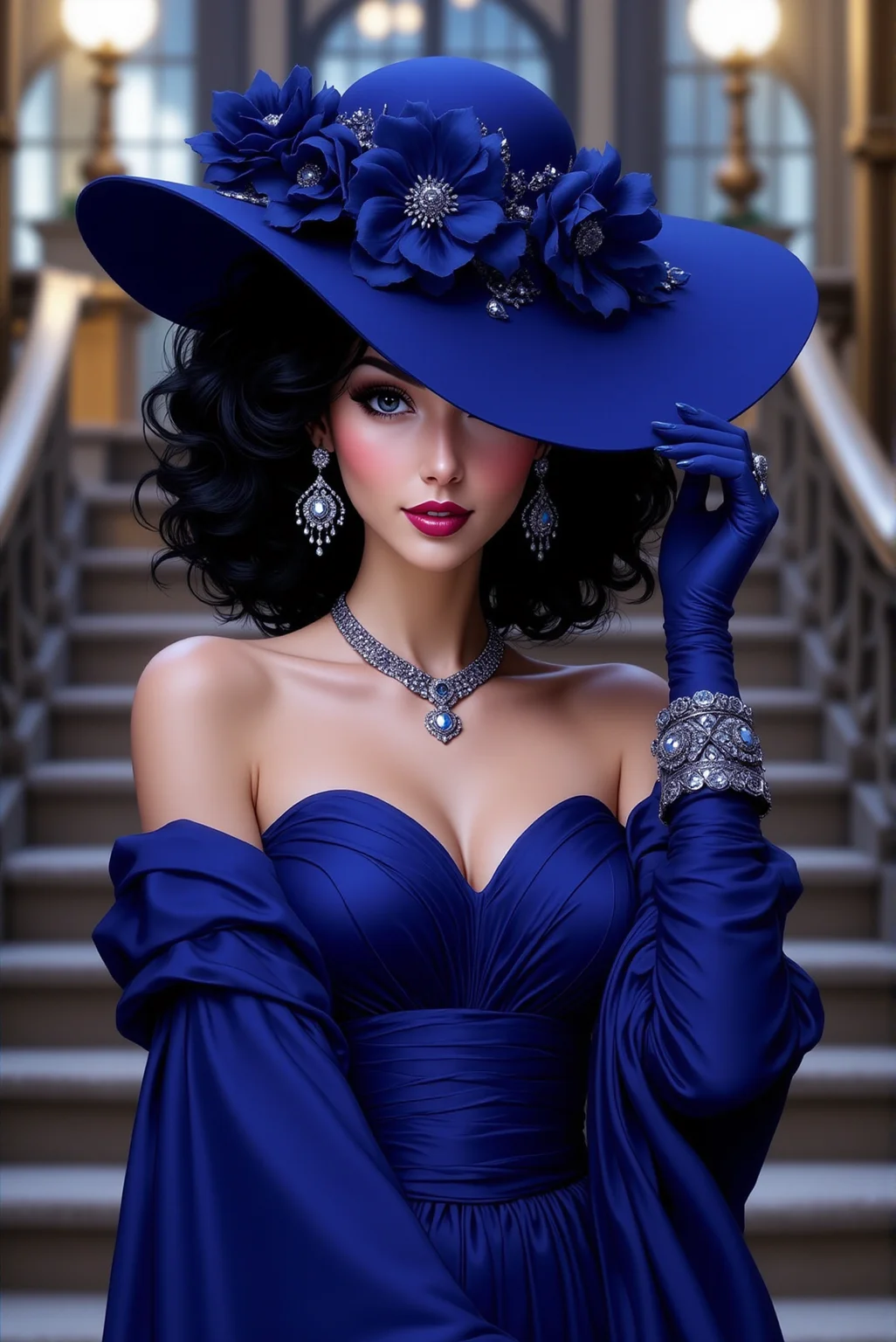 <lora:FFS_v.6:0.9> Sapphire Socialite in High Society Elegance. A glamorous woman with deep, raven curls stands at the top of a grand staircase, dressed in an opulent sapphire-blue gown that drapes her figure in soft, luxurious folds. Her matching wide-brimmed hat, adorned with jeweled embellishments and delicate satin flowers, casts a mysterious shadow over her smoldering gaze. She wears long satin gloves encrusted with glittering gemstones, her hands poised gracefully as she adjusts her hat with an air of aristocratic confidence. Her statement earrings shimmer under the ambient light, reflecting the dazzling surroundings of what appears to be a high-profile gala. This stunning piece is illustrated in a high-fashion anime-inspired style, with meticulous attention to fabric textures, gem reflections, and ambient light diffusion, evoking the essence of sophisticated grandeur and vintage haute couture.