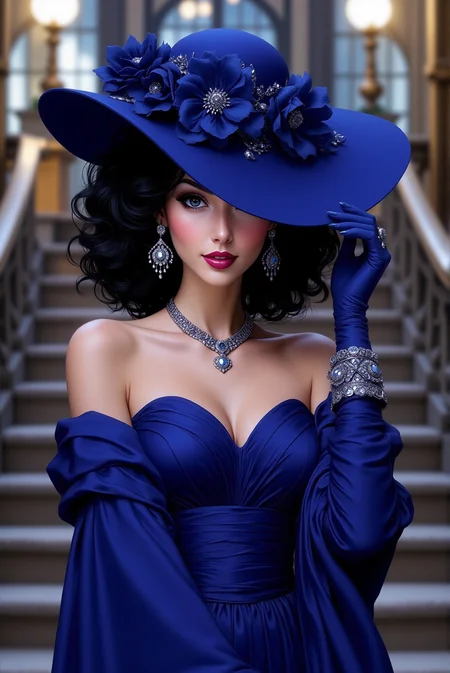 <lora:FFS_v.6:0.9> Sapphire Socialite in High Society Elegance. A glamorous woman with deep, raven curls stands at the top of a grand staircase, dressed in an opulent sapphire-blue gown that drapes her figure in soft, luxurious folds. Her matching wide-brimmed hat, adorned with jeweled embellishments and delicate satin flowers, casts a mysterious shadow over her smoldering gaze. She wears long satin gloves encrusted with glittering gemstones, her hands poised gracefully as she adjusts her hat with an air of aristocratic confidence. Her statement earrings shimmer under the ambient light, reflecting the dazzling surroundings of what appears to be a high-profile gala. This stunning piece is illustrated in a high-fashion anime-inspired style, with meticulous attention to fabric textures, gem reflections, and ambient light diffusion, evoking the essence of sophisticated grandeur and vintage haute couture.