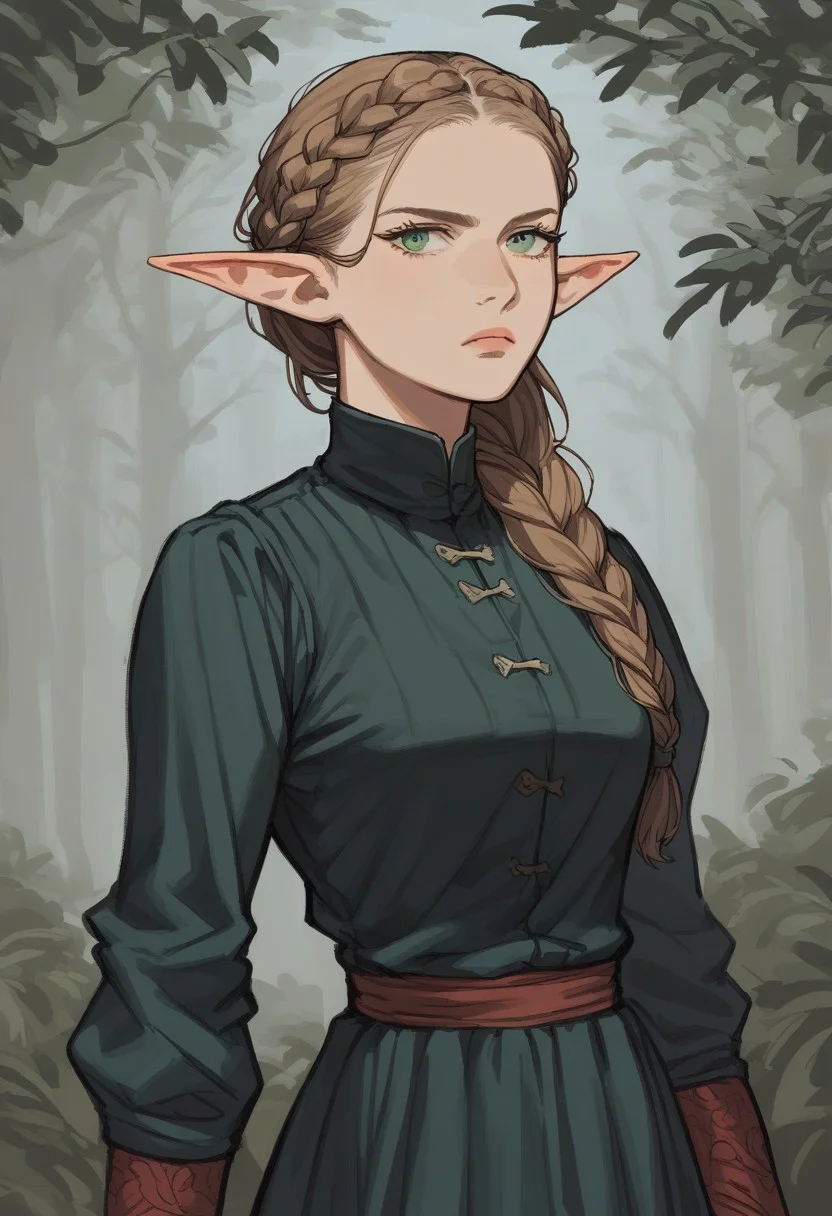 (score_9, score_8_up, score_7_up), source_anime, anime,  female, tall, (lightly-brown hair in a single long braid), dark black slavik dress, green eyes, dark mysterious forest background, waist-high, gloomy, solo, female, serious, looking downwards, middle aged, upper body, elf, thick hair, nordic outfit, grayness, closed clothing, folk dress