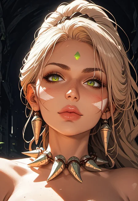 ((zPDXL3)), ((zPDXLxxx)), score_9, score_8_up, score_8, Science Fiction, Star Wars, perfecteyes, ultra detailed, high resolution, high quality, masterpiece, intricate details, intricate body, intricate landscape, knva, Expressiveh, European Instagram Model, upper body shot, low light, dungeon, ruins, green glow, black background,
BREAK
1girl, solo, source_cartoon, mature female, NidaleeNormal, 1girl, solo, black ponytail hair, tanned skin, tribal marks on skin, tooth necklace, fang earrings, green eyes, emerald on forehead, loincloth, chest bandage, wooden spear, beautiful, full lips, looking at viewer, closed mouth,