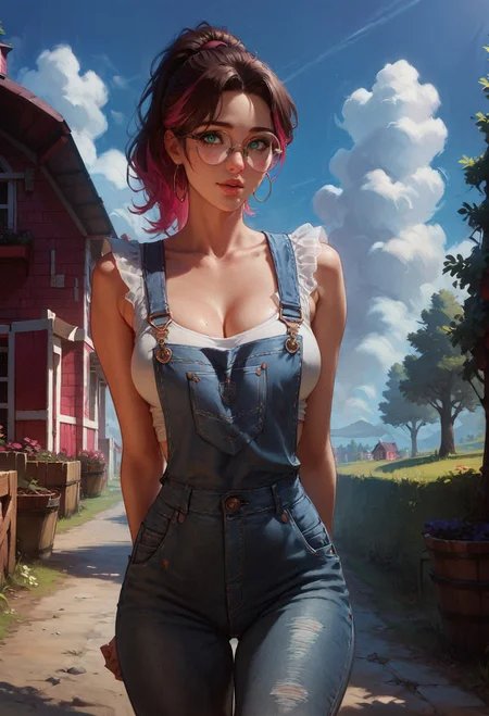 score_9, score_8_up, score_7_up, score_6_up, score_5_up, score_4_up, 1 girl, brown hair, ponytail, multicolored hair, (pink hair highlights:0.8), farm girl, sexy farmer overalls, cleavage, round eyewear, glasses, streets, green eyes, solo, farm field, standing, arms behind back, (smiling:0.5) <lora:sdxl\Concept Art Twilight Style SDXL_LoRA_Pony Diffusion V6 XL:0.8>, concept art, realistic, <lora:sdxl\Expressive_H-000001:0.8>, expressiveH <lora:sdxl\pony_OldAnimeStyle_XL_v3:0.4>, 1990s \(style\), vintage <lora:sdxl\sinfully_stylish_SDXL>