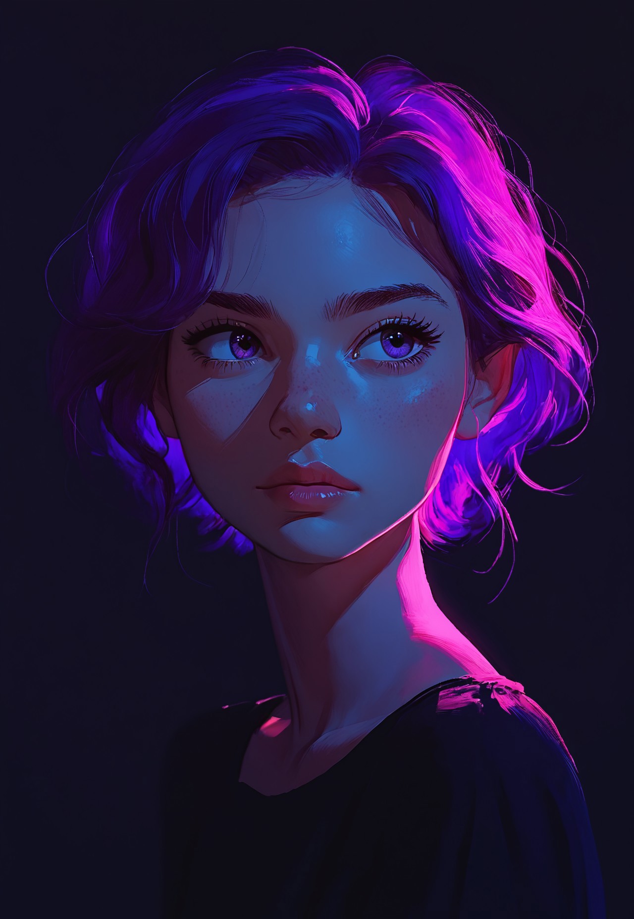 score_9, score_8_up, score_7_up, score_6_up, score_5_up, source_anime, 1girl, closeup portrait, mysterious, purple eyes, purple hair, s1_dram, glow, black background