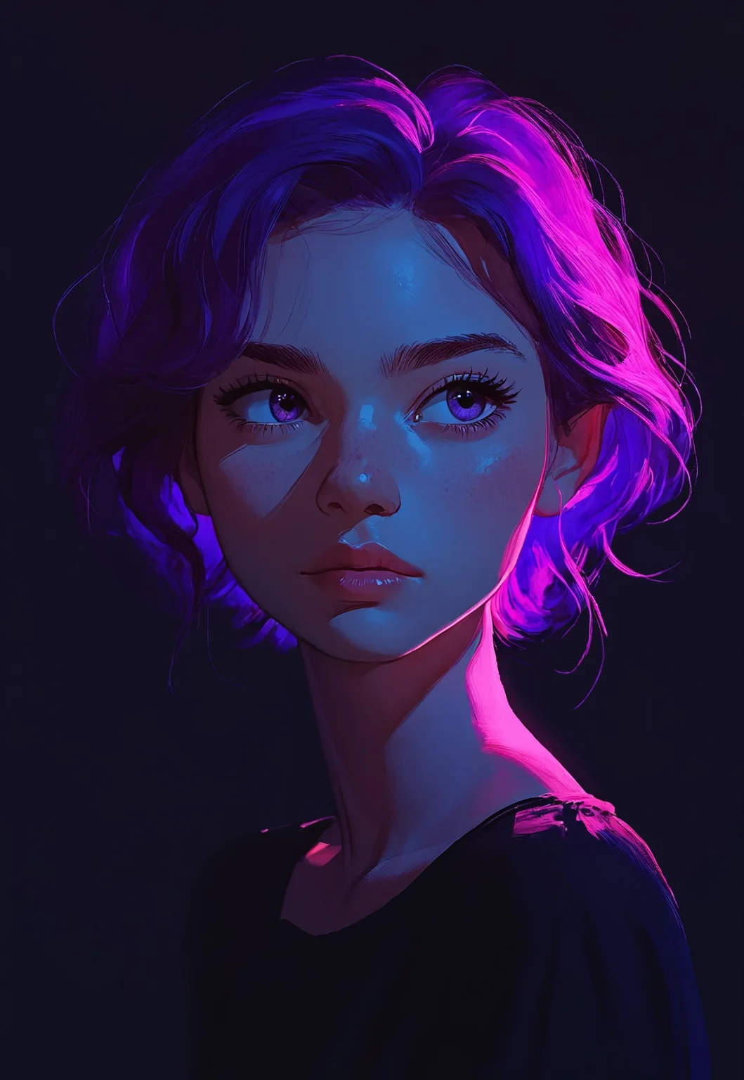 score_9, score_8_up, score_7_up, score_6_up, score_5_up, source_anime, 1girl, closeup portrait, mysterious, purple eyes, purple hair, s1_dram, glow, black background