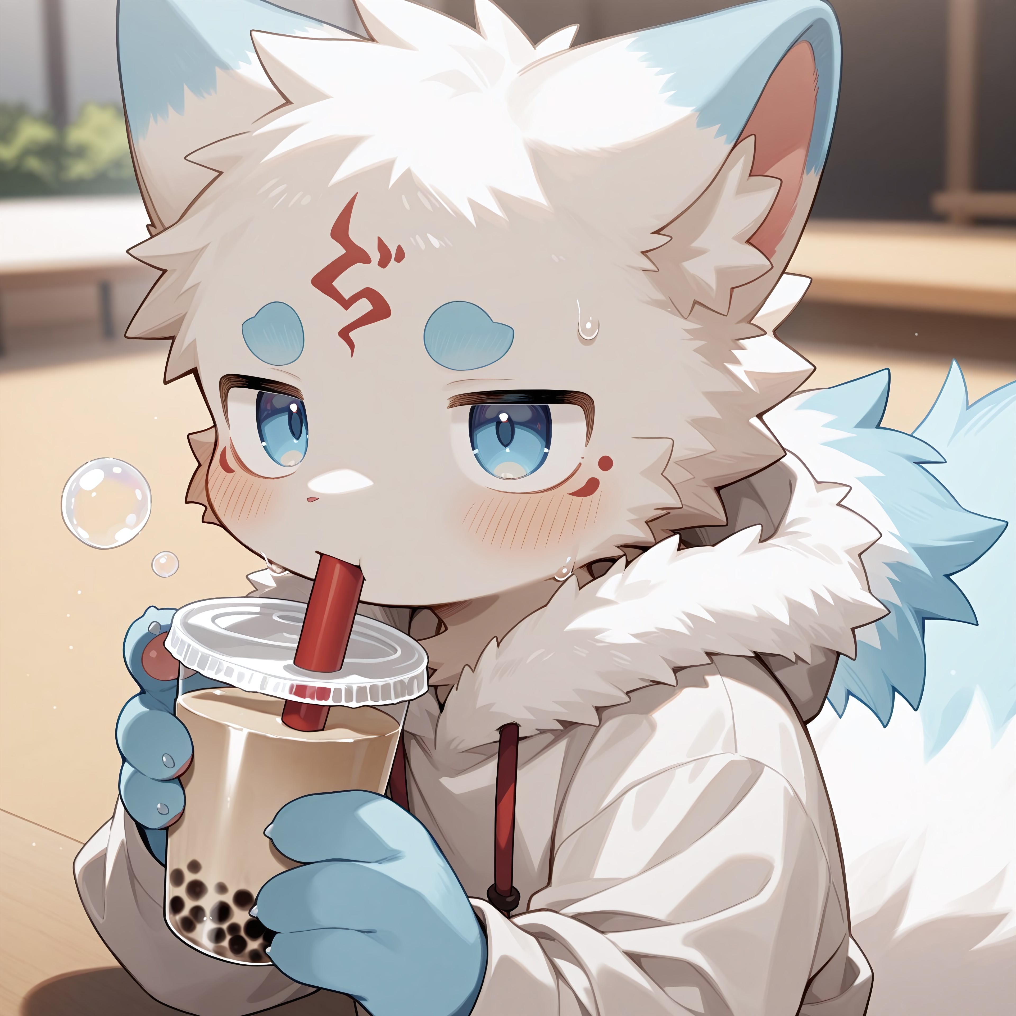 best quality, newest, masterpiece, absurdres, highres, male furry, premium, detail background,5finger, toned body, cute, depth of field, 8K, best quality, good quality, young, long fluffy tail, white fur, Fukakusa, solo, furry, 1boy, male focus, blue eyes tip, blue hands, close up, face focus, three quarters view, fur hood down, drink bubble tea, puffed cheek, red tattoo on forehead 