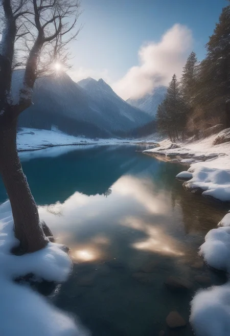 Winter scenery, winter lake, quiet lake,  tree on the shore of a lake,  beautiful lake reflecting beautiful mountains, dappled sunlight, diamond dust, sunlight,  blue sky, day, beautiful view, mysterious glow, beautiful clouds, depth of field, masterpiece, best quality, 8k, ultra-detailed, very aesthetic, superb composition, finest details, intricate details, absurdres, high contrast,