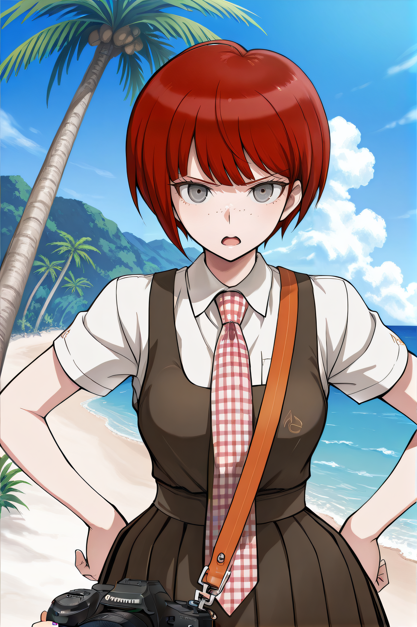 masterpiece, best quality, highres, scenery, newest, 1girl, solo, official style,  <lora:Koizumi_Mahiru:1>, mahiru, red short hair, grey eyes, freckles, white shirt, short sleeves, plaid necktie, pinafore dress, camera, outdoor, looking at viewer, open mouth, frown, hands on hips, beach, palm tree