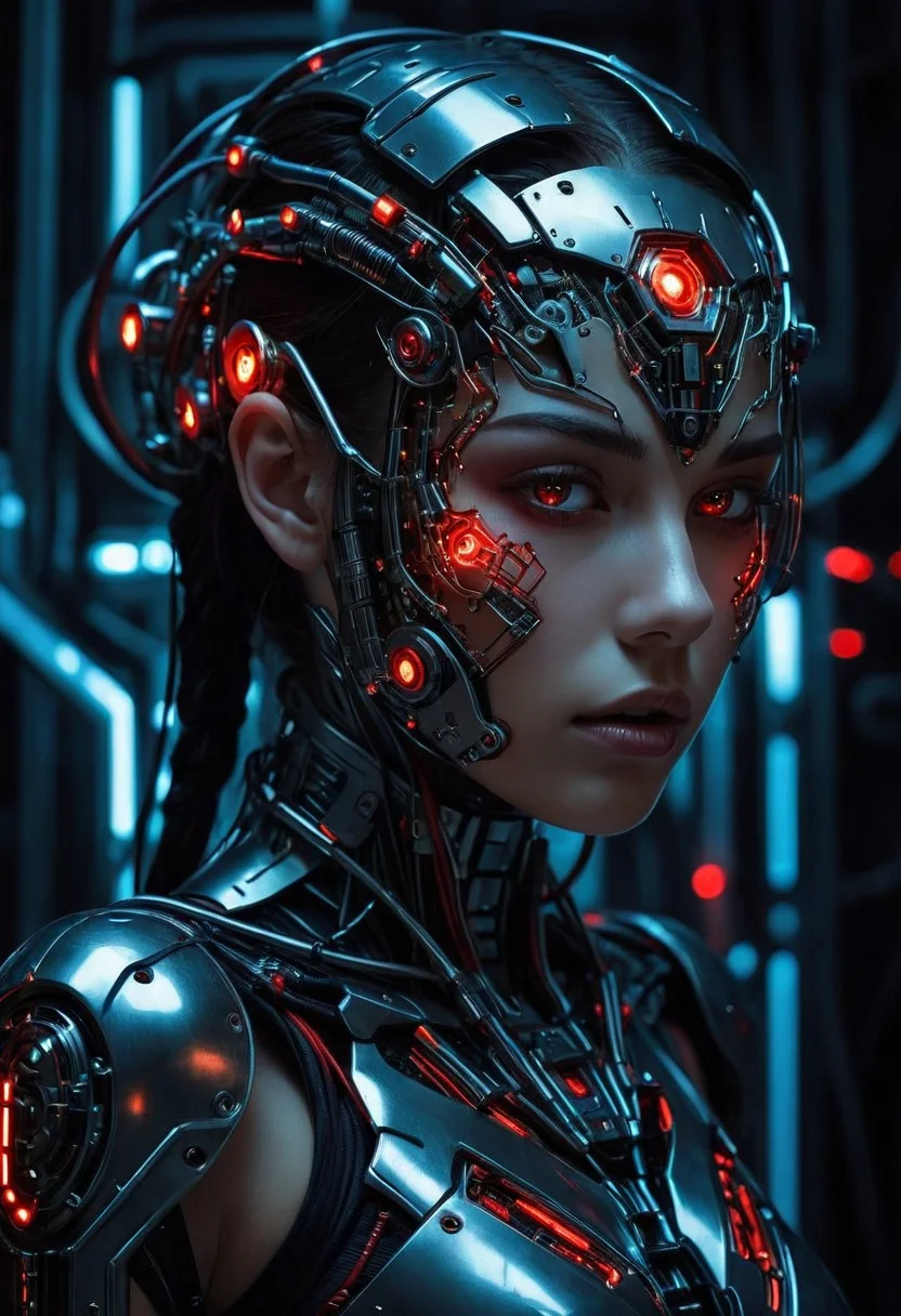 (Soft Lighting Photography by Mimoza Veliu and Mario Giacomelli:1.2), NSFW, wired-cyborg, biomechanical, high quality photography of a woman's face, split down the middle, showcasing two distinct halves. The left side of her face is a mechanical construct, resembling a futuristic cyborg or android, with intricate circuitry and wires visible beneath her skin. The mechanical half is a dark, metallic color with glowing red circuitry and numerous tiny, glowing red lights, giving it an eerie, otherworldly appearance. The right side of her face is human, with pale, almost deathly skin, sci-fi horror aesthetic., sexy, cleavage