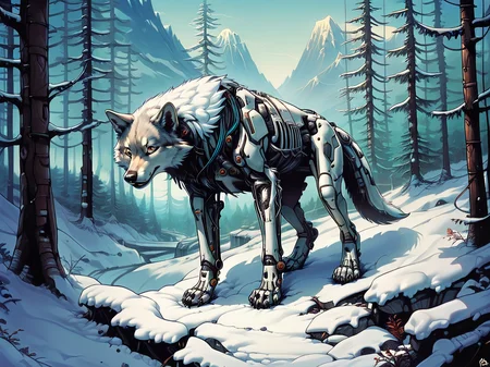 score_9, score_8_up, score_7_up, score_6_up, <lora:cyb0rgXLP:0.8> cyb0rg, science fiction, cable, mechanical parts, forest, scenery, mountains, wolf, feral, snow