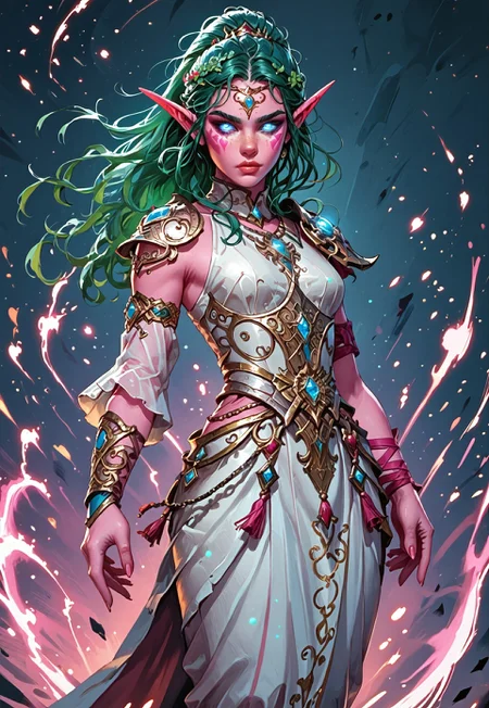 ((zPDXL3)), ((masterpiece,best quality, highly detailed)), ((score_9)), score_8_up, score_7_up, score_6_up, score_5_up, score_4_up, Digital painting style, brushstrokes, ((EnhanceImage)), solo, 1girl, TyrandeWoWXL, pink skin, colored skin, blue eyes, glowing eyes, green hair, long hair, hair ornament, ponytail, forehead ornament, long eyebrows, long pointy ears, large breasts, armor, jewelry, detached sleeves, single sleeve, single shoulder armor, white dress, single armlet, single guantlet, armored footwear, toeless footweear, hourglass figure, small waist, wide hips,
Expressiveh, 30yo, adult lustful confident woman, petite, slender body, perky saggy natural breasts, full lips, bangs, sidelocks, straps,
chinese magical sorceress, animated, swirling magic, wisps of magic, dancing pose, tight squeezed outfit, magical accessories, evoking motion, conveying motion, dynamic splash art,
<lora:PainterlyFantasiaPDXL:0.6>,