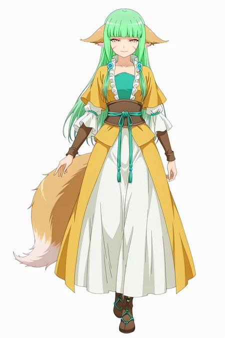 front view,
1girl,looking at viewer,full body,standing,seductive smile,
Best quality,masterpiece,soft light,official art,high quality,highres,absurdres,epic scene,natural textures,<lora:Tushan Rongrong IL:1>,tushan rongrong,long hair,green hair,animal ears,fox ears,facial mark,blunt bangs,