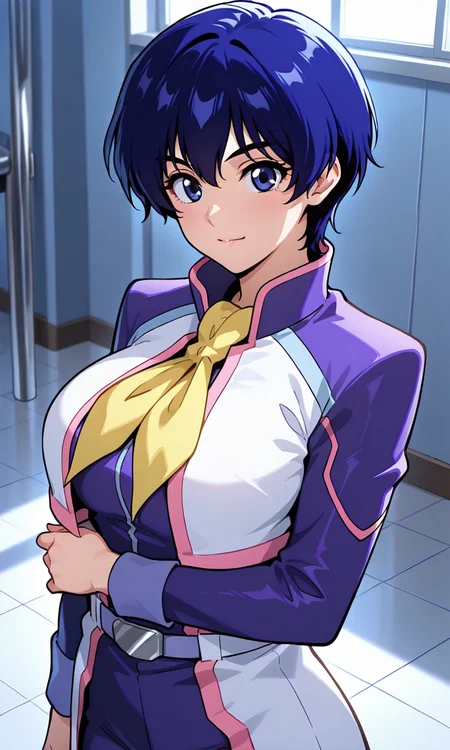 masterpiece, best quality, good quality, claire heathrow, short hair, blue hair, blue eyes, uniform,