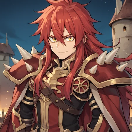 score_9, score_8_up, score_7_up, score_6_up, source_anime, BREAK, <lora:GulcasaPonyXL:0.85> , guldef, 1boy, red hair, long hair, hair between eyes, yellow eyes, spikes, shoulder armor, shoulder spikes, cape, red cape, pauldrons, solo, (close-up), ((face)), looking at viewer, smile, closed mouth, exterior, castle, fortress, night, battlefield, wasteland, <lora:m4gXLP:0.7> , m4g,