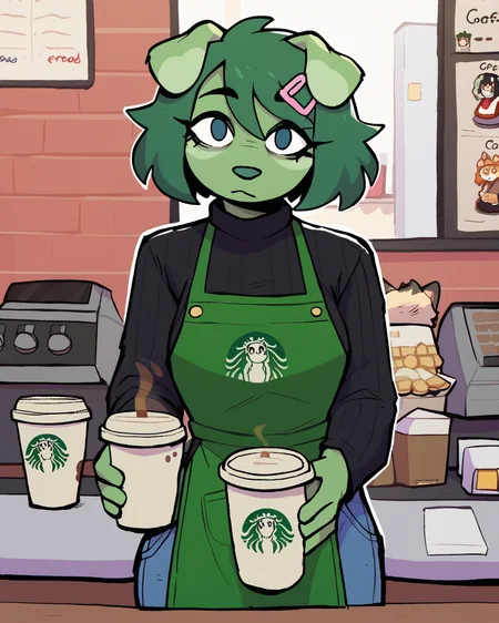 score_9_up, score_8_up, score_7_up, score_6_up, by remanedur, medium breasts, green hair, dog, green body, green fur, female, looking at viewer, hairclip, jeans, apron, barista, solo, black long sleeves, black sweater, short hair, neutral expression, holding coffee cup, coffee cup, coffee, three-quarter view, head tilt, coffee shop, starbucks, <lora:Leah_Pines(AIM)_XL_v1:0.15> <lora:PDXL_artist_tags_v2_big:0.5> <lora:The-Minuscule-Task_PDXL_v1.0:0.6> <lora:Evie_eviex_01:0.8>