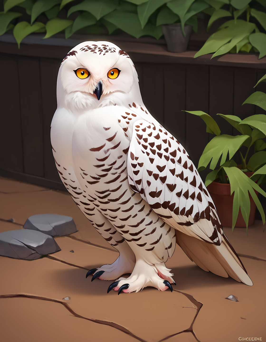 solo, (zPDXL3), source_cartoon, concept art, BREAK <lora:Snowy_Owls:0.9>, sn0wy 0wl, anthro snowy owl, white feathers, big yellow eyes, BREAK huge round pupils, white body, realistic, subsurface scattering, cast shadow, score_9, score_8_up, score_7_up, score_6_up, score_5_up, score_4_up, <lora:PDXL_artist_tags_v2_big:0.7>, by feliscede, <lora:StS_detail_slider_v1:1.3>