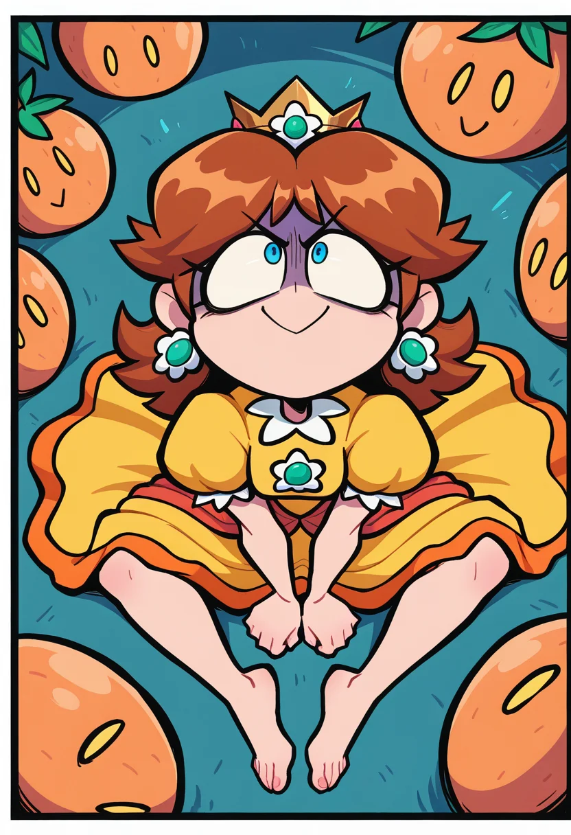 IllustriousQual, masterpiece, best quality, amazing quality, very aesthetic, absurdres, 1girl, solo, white border, fruit background
solo, sitting, from above, barefoot, looking up,arms between legs,, angry, v-shaped eyes, evil smile , malice, wrapped smile, shaded face, closed mouth,resentful,, from behind,
<lora:ValbunStyle-IL:0.9> valbun, Princess Daisy
