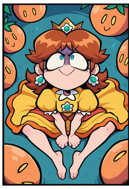 IllustriousQual, masterpiece, best quality, amazing quality, very aesthetic, absurdres, 1girl, solo, white border, fruit background
solo, sitting, from above, barefoot, looking up,arms between legs,, angry, v-shaped eyes, evil smile , malice, wrapped smile, shaded face, closed mouth,resentful,, from behind,
<lora:ValbunStyle-IL:0.9> valbun, Princess Daisy