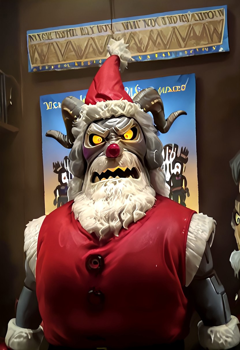 r0b0t_s4nta_c1aus, robot santa claus vs krampus, robot santa on the left, and krampus on the right,dramatic face-off, intense boxing poster, epic anime movie poster