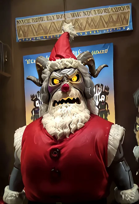 r0b0t_s4nta_c1aus, robot santa claus vs krampus, robot santa on the left, and krampus on the right,dramatic face-off, intense boxing poster, epic anime movie poster