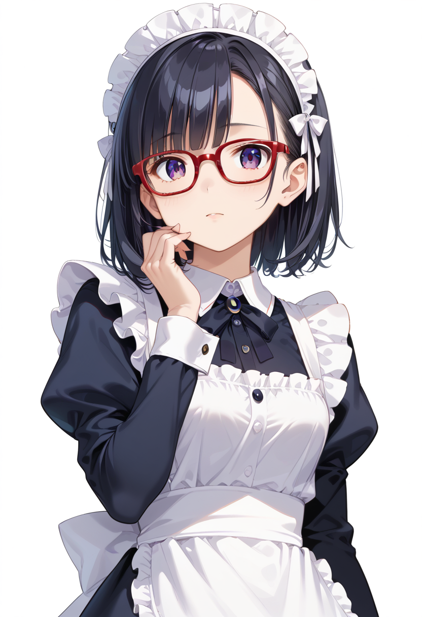 score_9, score_8_up, score_7_up, rating_safe, masterpiece, best quality, absurdres, unity 8k wallpaper, official art, official style, source_anime, uncensored, game cg, megami magazine,
1girl, solo, black hair, medium hair, upper body, covered eyes,maid, maid headdress, black dress, maid apron, face focus,
Wellington22A, glasses, white background, simple background, red-framed eyewear
 <lora:glasses_Wellington22A1_PONY_V1:1>