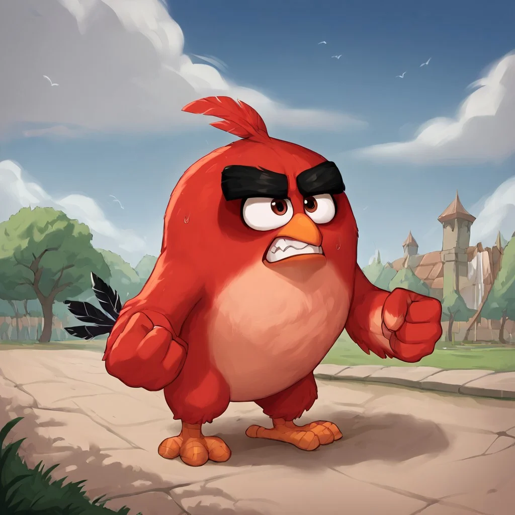 angry birds, red_bird, score_9, score_8_up, score_7_up, score_6_up, score_5_up, score_4_up, source_furry, hi res, sfw. 2D artwork.
red plumage, robust body, black eyebrows, thick eyebrows, small beak, brown eyes, round body, red head tuft, tail feathers, feathered hands, winged arms, under-eye circles, bird, short legs, solo, avian feet

angry expression, standing, clenched teeth, clenched fists.
On a park, blue sky, clouds.
