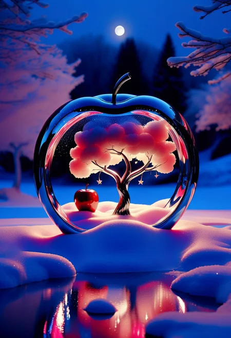 fantasyworld. summerlandscape inside.
perfection style, simple background, focus on apple. apple lying on snow. outdoor. winter. snowlandscape. night. moon in background.
perfection style, vivid colors, colorful, vivid background, midjourneyv6.1, translucent, transparent, futuristic, metal adorning, glowing color inside, hollow inside, glossy sparkling, stars