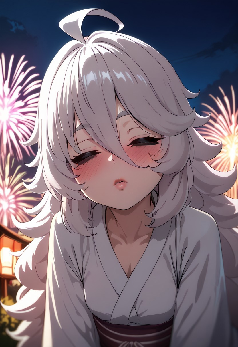 score_9, score_8_up, score_7_up, Shadwo, closed eyes, white_hair, grey_hair, very_long_hair, messy_hair, hair_between_eyes, ahoge, grey eyebrows, small_breasts, bags_under_eyes, pink lips, blushing, head tilt, leaning forward, kissing viewer, pink and white kimono, from in front, night, fireworks, (masterpiece), (absurd detail), (high quality), (4k), (absurdres), (best quality), (ultra-detailed)