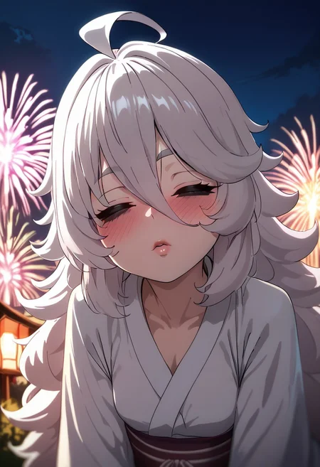 score_9, score_8_up, score_7_up, Shadwo, closed eyes, white_hair, grey_hair, very_long_hair, messy_hair, hair_between_eyes, ahoge, grey eyebrows, small_breasts, bags_under_eyes, pink lips, blushing, head tilt, leaning forward, kissing viewer, pink and white kimono, from in front, night, fireworks, (masterpiece), (absurd detail), (high quality), (4k), (absurdres), (best quality), (ultra-detailed)