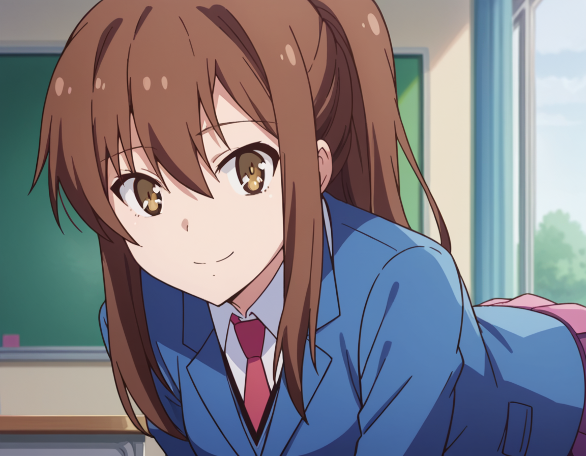 score_9, score_8_up, score_7_up, source_anime,
nanamiaoyama, <lora:nanami-aoyama-s1-ponyxl-lora-nochekaiser:1>,
nanami aoyama, long hair, bangs, brown hair, hair between eyes, brown eyes, ponytail, sidelocks,
skirt, school uniform, jacket, pleated skirt, necktie, blazer,
indoors, classroom, bent over, smile,
looking at viewer, cowboy shot, solo, dutch angle