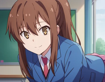score_9, score_8_up, score_7_up, source_anime,
nanamiaoyama, <lora:nanami-aoyama-s1-ponyxl-lora-nochekaiser:1>,
nanami aoyama, long hair, bangs, brown hair, hair between eyes, brown eyes, ponytail, sidelocks,
skirt, school uniform, jacket, pleated skirt, necktie, blazer,
indoors, classroom, bent over, smile,
looking at viewer, cowboy shot, solo, dutch angle