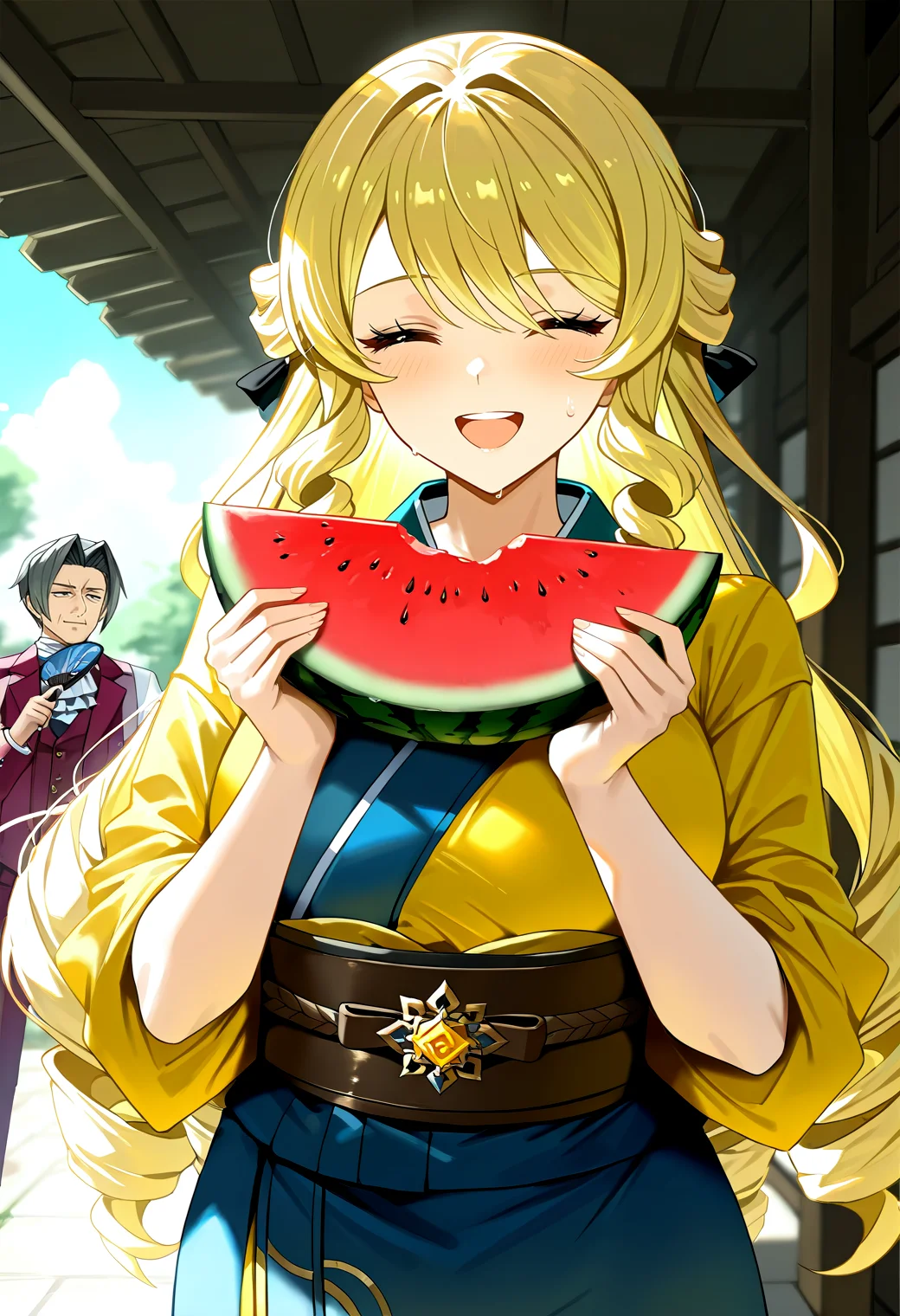 IllustriousQual, <lora:StS-Illustrious-Detail-Slider-v1.0:2> <lora:cfg_scale_boost:0.3> <lora:StS_Age_Slider_Illustrious_v1:3>,detailed_background,indoors,hands up,yellow kimono,upper teeth only,alternate costume,vest,lying,open mouth,holding watermelon,bimmy,drill hair,miles edgeworth,sleeves rolled up,grey scarf,very long hair,belt,holding fruit,phoenix wright,blonde hair,brandybuck,sweatdrop,outdoors,blue kimono,red necktie,fruit,closed eyes,medium hair,looking at another,brown belt,food,smile,one eye closed,navia \(genshin impact\),1girl,wavy mouth,furina \(genshin impact\),own hands together,yellow eyes,holding,holding fan,shirt,highres,ace attorney,kimono,> <
