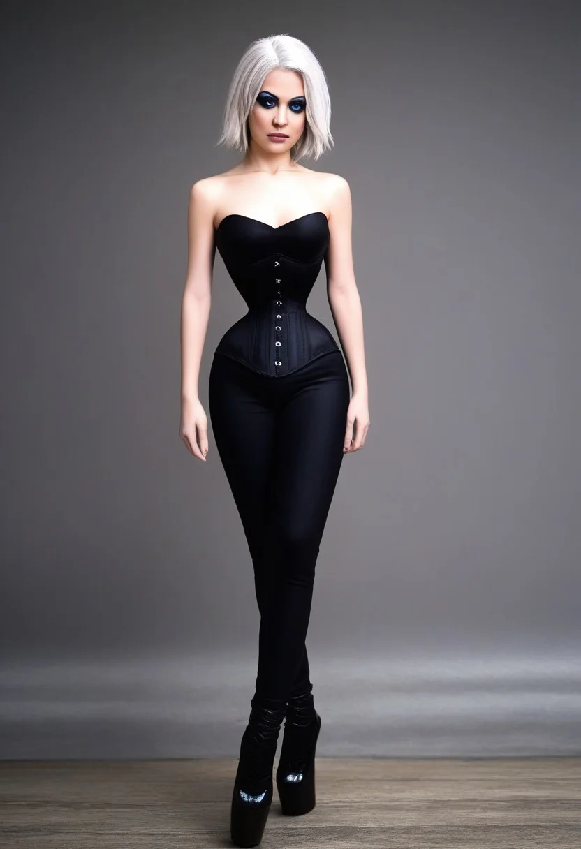 score_9, score_8_up, score_7_up, rating_safe, concept art, realistic, dark theme, low light, Fixhand.
1girl, solo, young,
Lush white hair, blue eyes. Sexy makeup.
Black heelless ballet boots. ExtrCorset. Black corset.
Black lace stockings.
((full body))