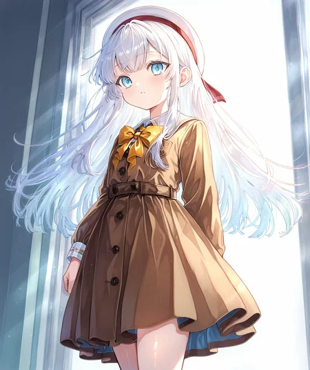 intricately detailed illustration, shiny skin, masterpiece, best quality, amazing quality, very aesthetic, newest, scenery, (volumetric lighting:1.1), full color, clear line, solo, <lora:nia_liston_v01:1>, nia_liston, long hair, white hair, bule eyes, school uniform, beret, cowboy shot, simple background, <lora:LECO_BadHands:1.2>, <lora:LECO_GoodHands:-1.2>, <lora:cfg_scale_boost:0.7>