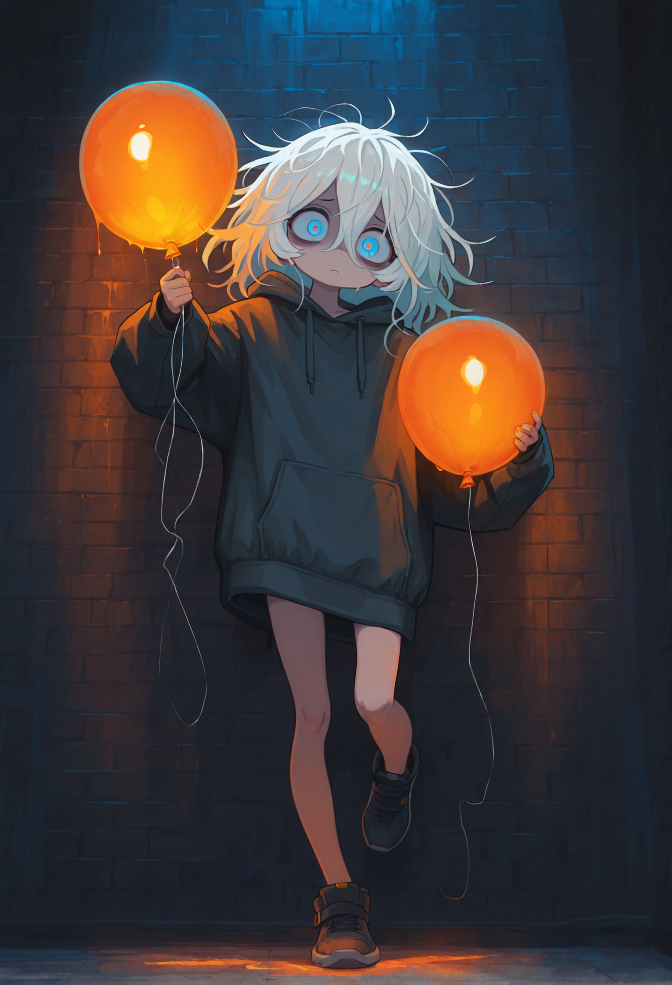 masterpiece, best quality, amazing quality, very aesthetic, absurdres,  newest,, cute, 1girl,  messy white_hair, black brick wall background, holding_balloon, orange ballons,  hoodie, big eyes, blue eyes, LeIsT0_illu, standing on one leg, volumetric lighting