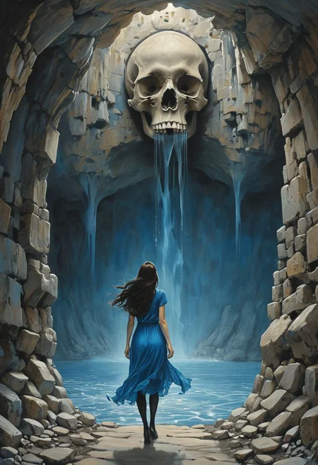 (water-colored), illustration, style of Jessica Galbreth,
(far view, far shot, rear view, facing away:1.3),
(Alice, very long dark brown hair, hair rim lighting, hair in the wind, blue short dress with short sleeves, black tights, black shoes:1.5),
fog, dreamy, dream, walking, lights, Maurits Cornelis Escher,
(cave, water, totem, bones, skulls, catacombes,:2)