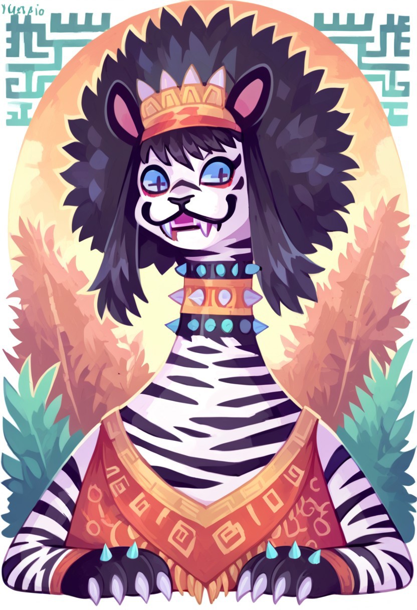 score_9, score_8, score_7, source_furry, aztec, aztec clothing,
Vivian(FV), tiger, anthro, (white and black fur), striped fur, black hair, afro, long neck, claws, fangs, long tail, cross shaped pupils, fingerless gloves, spiked collar, 
full body,
aztec background, outdoors, detailed background,