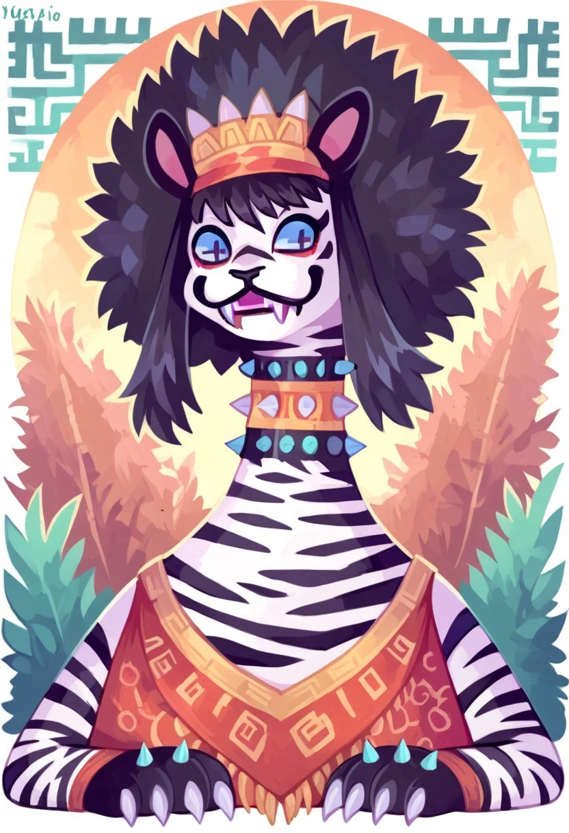 score_9, score_8, score_7, source_furry, aztec, aztec clothing,
Vivian(FV), tiger, anthro, (white and black fur), striped fur, black hair, afro, long neck, claws, fangs, long tail, cross shaped pupils, fingerless gloves, spiked collar, 
full body,
aztec background, outdoors, detailed background,