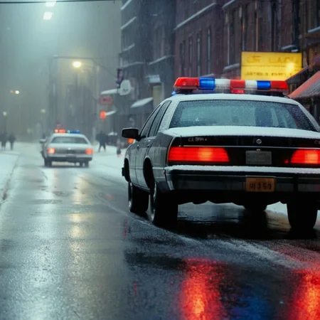 cinematic film still of  <lora:Kodak Motion Picture Film Style3:1> Cinematic, Grainy:1, Detailed, Sharp Image, of
1990's wide shot An Oscar winning movie for Best Cinematography a police car driving through a snow covered street in rainy winter at night Kodak Motion Picture Film Style, shallow depth of field, vignette, highly detailed, high budget, bokeh, cinemascope, moody, epic, gorgeous, film grain, grainy