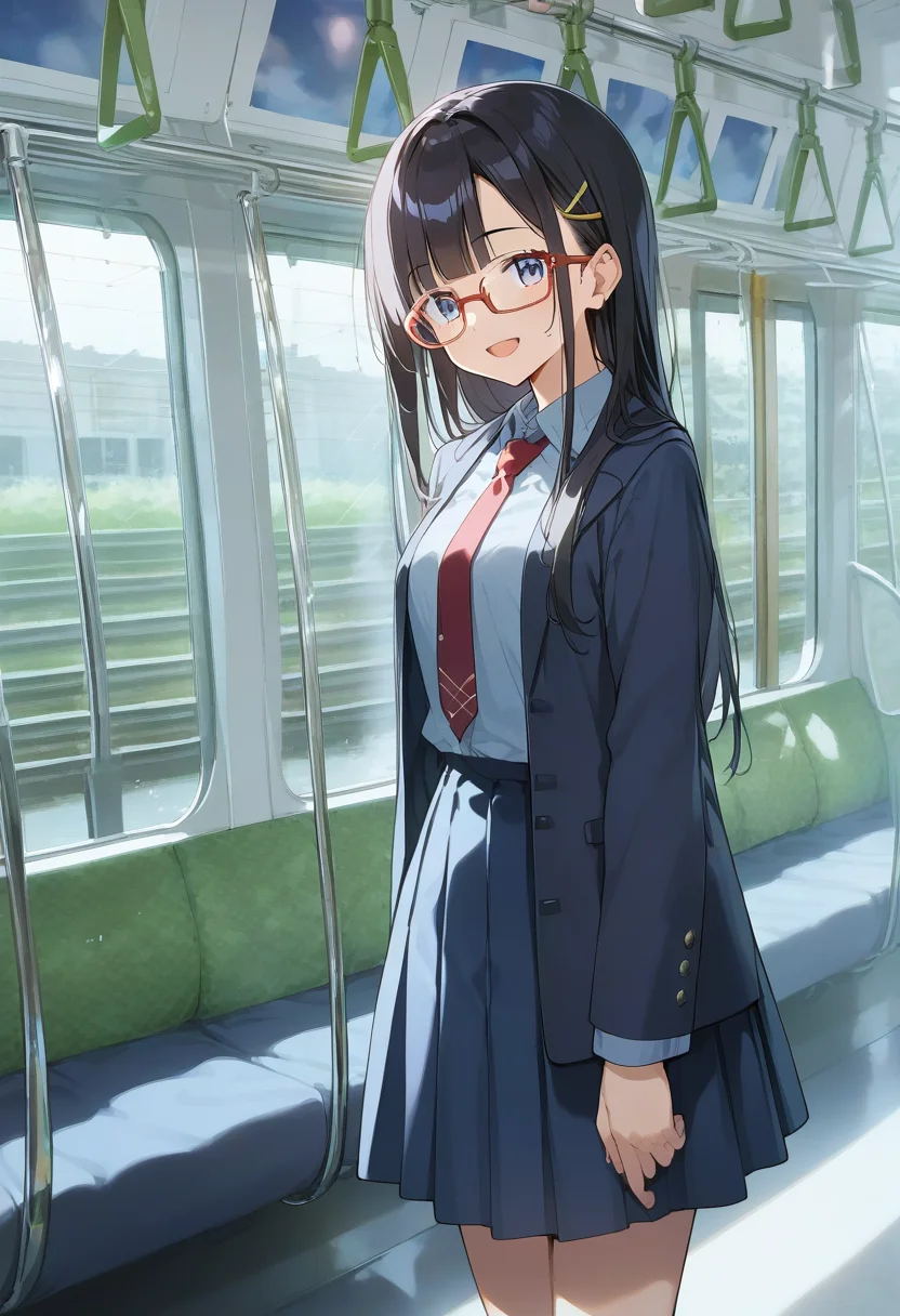 score_9, score_8_up, score_7_up, rating_safe, masterpiece, best quality, absurdres, unity 8k wallpaper, official art, official style, source_anime, game cg, megami magazine,  glasses,
1girl, solo, glasses, black hair, long hair, blue eyes, collared shirt, red necktie, pleated skirt, blue skirt, standing, smile, closed eyes, open mouth,  looking at viewer, 
e235, seat, close-up, scenery, rain, window, train interior, night, indoors, 
<lora:E235_PONY_V1:1>
