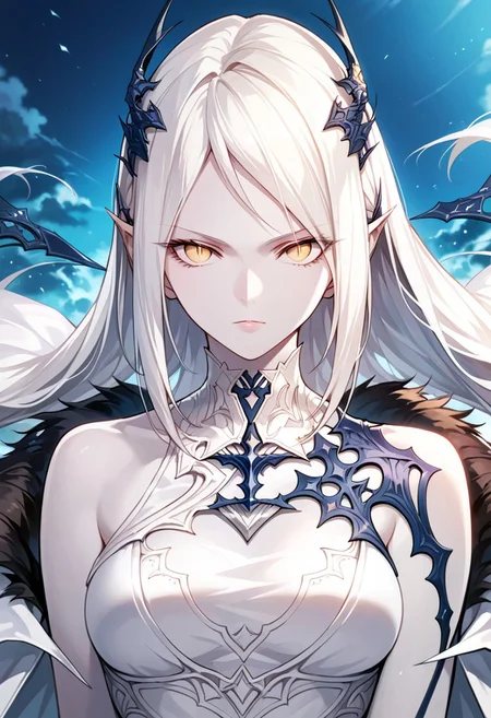score_9,score_8_up,score_7_up,source_anime,Shiva,1girl,solo,long hair,breasts,looking at viewer,yellow eyes,upper body,white hair,slit pupils,pale skin,