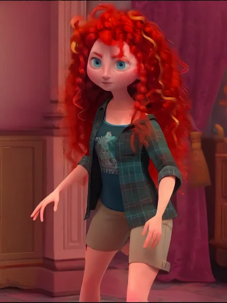 cascual outfit, merida, 1girl, solo, looking at viewer, blush, long sleeves, jacket, short sleeves, indoors, off shoulder, shirt lift, lips, plaid, short shorts, curtains,   
<lora:princess_rc_il:0.9>