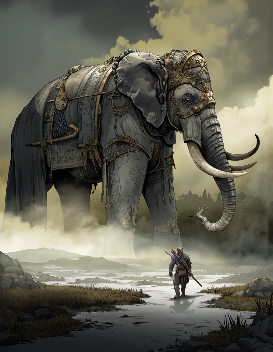 Art by Alessandro Barbucci. A digital illustration shoot from the side about a dramatic scene featuring a large, imposing creature resembling an elephant with intricate armor and tusks, standing in a misty landscape with a lone warrior walking alongside it.