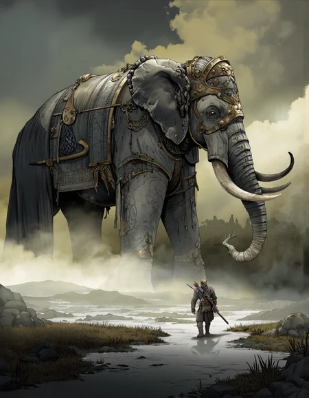 Art by Alessandro Barbucci. A digital illustration shoot from the side about a dramatic scene featuring a large, imposing creature resembling an elephant with intricate armor and tusks, standing in a misty landscape with a lone warrior walking alongside it.