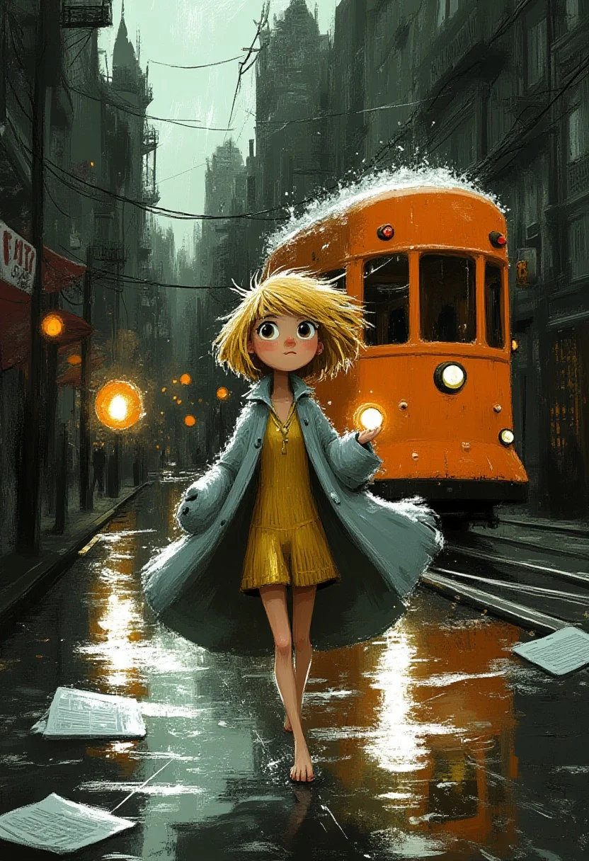 A whimsical illustration of a girl with tousled blonde bob hair in dark whimsical art style, striding confidently through rain-slicked streets, wearing a shimmering gold mini dress beneath a flowing silver raincoat, digital painting with dynamic brushstrokes showing wet reflective textures, moody urban background with an antiqued orange tram and glowing city lights, characteristic Tim Burton inspired design with large dreamy eyes and delicate features, floating newspaper scraps and rain droplets adding movement to the scene.