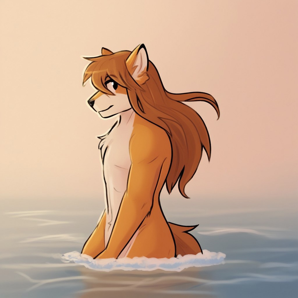Red_Savarin_(Solatorobo), solo, anthro, male, furry 
two toned fur, orange fur, dog boy, long hair, brown hair, swimming, at the beach