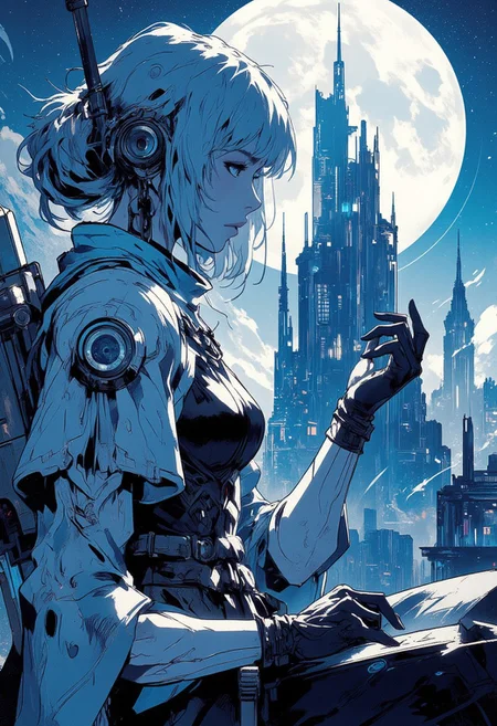 Mh1$AgThS2, intricate linework with expressive contrasts, soft lighting with dynamic highlights, neo-noir portrait, a sci-fi futuristic cityscape of tall skyscrapers and asymmetrical towers built of marble and obsidian, moonlit night, blue and white theme, In the style of ff-td