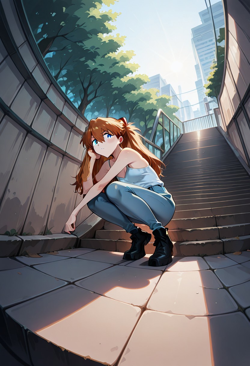 1girl, Soryu Asuka Langley, casual wear, 
((exagg3rat3dp0s3)), crouching, exaggerated pose, dynamic pose, 
detailed background, great lighting, day time, outdoor, low angle, fisheye, stairs, 
masterpiece, best quality, amazing quality,
 <lora:Exaggerated_Dynamic_Fashion_Pose_r1:0.8>