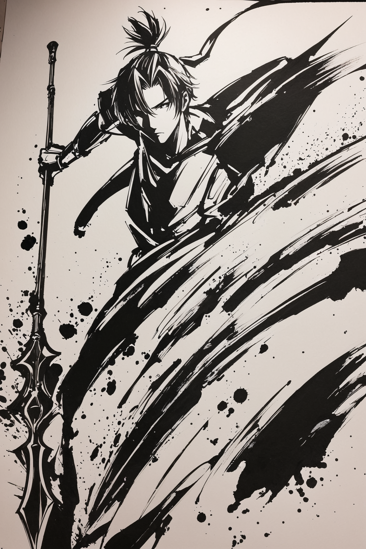 score_9,score_8_up,score_7_up,masterpiece,best quality,
1boy, polearm, male focus, weapon, solo, monochrome, spear, ink \(medium\), traditional media, greyscale, holding polearm, topknot
<lora:okazu_XL_PONY:0.9>,