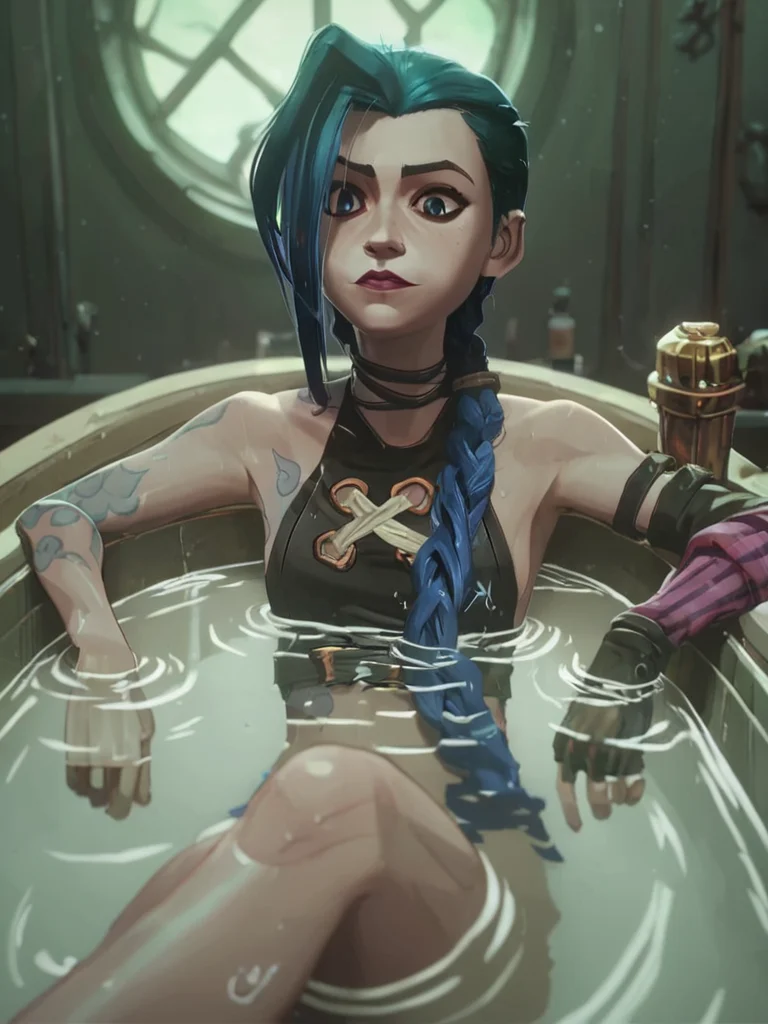 score_9, score_8_up, score_8, volumetric lighting,
jinx, in bath tub, wet,
 <lora:arcene_pony_v1-0:0.8>
