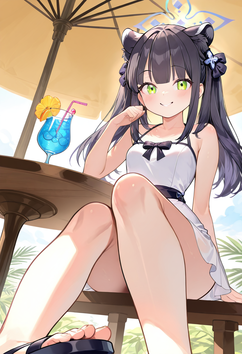 masterpiece, best quality, solo, curvy, beautiful eyes,  narrow waist, wide hips, zzShun, green eyes, black hair, blunt bangs, long hair, animal ears, tiger ears, halo, animal ear fluff, twintails, tiger girl, extra ears,  dynamic angle, foreshortening, close up, smile, looking at viewer,   ,       <lora:ShunBlueArchiveIXL:1.0>, [Tropical Summer Escape], White sundress, wide-brimmed sun hat, open-toe sandals, windswept hair, Sitting at an outdoor café table under palm trees, sipping from a vivid tropical drink with two straws as ocean breeze tousles the dress in golden sunlight.